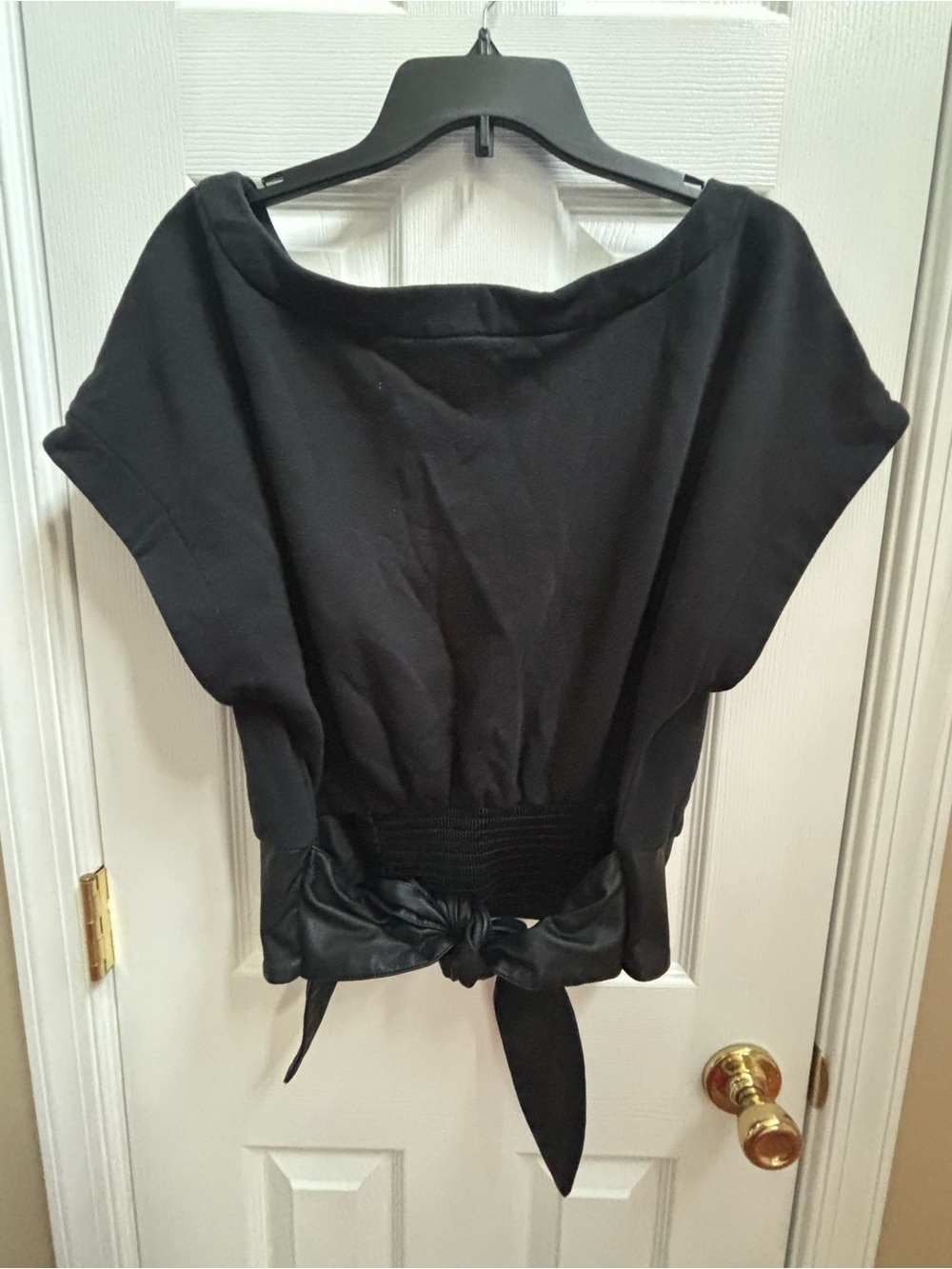 Anthropologie Black Faux Leather Tie Smock Waist Short Sleeve Top, Size XL, EUC - Picture 4 of 6